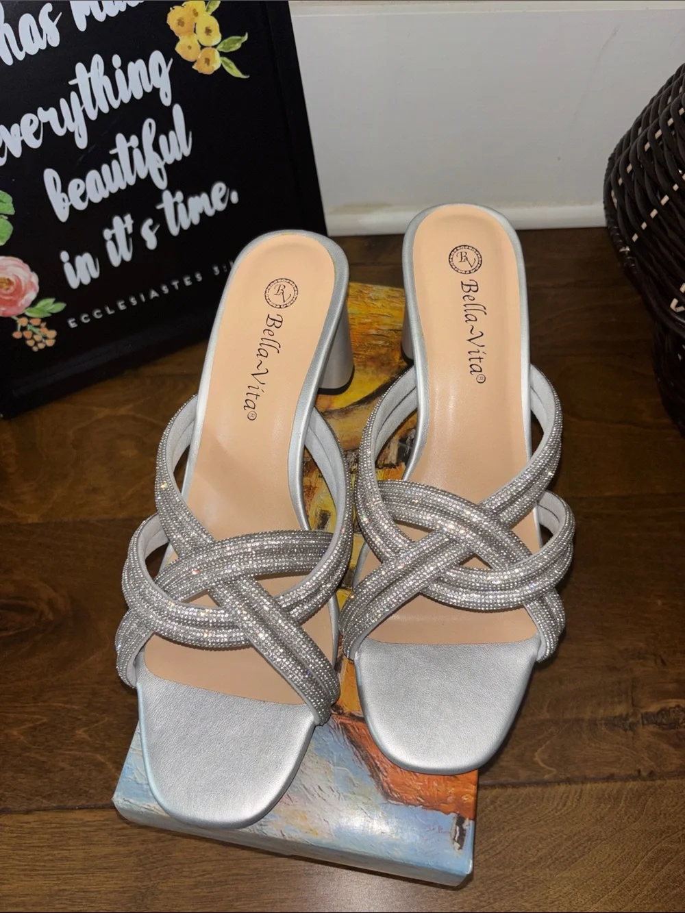 Bella Vita Silver Rhinestone Knotted Slide Heels micro suede in stones 9.5 NIB